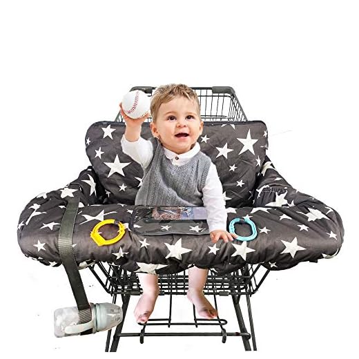 Shopping Cart Cover for Baby, 100% Cotton Sitting Area, with Bottle Strap and 6.5" Cell Phone Holder Toddler 2-in-1 High Chair Cover Summer Grocery Cart Cushion for Boy or Girl, Large, Star Print