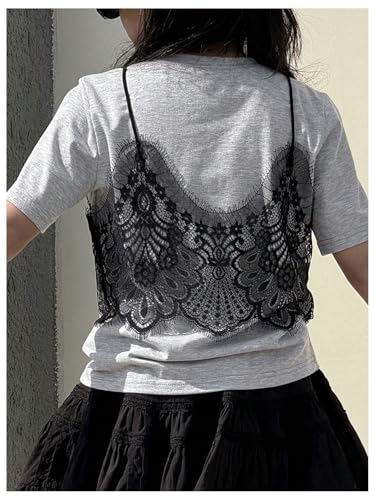SweatyRocks Girl's Lace Crew Neck T Shirt Short Sleeve Casual Summer Tops2