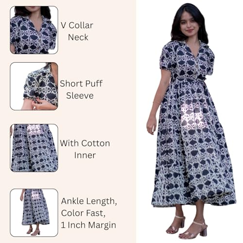 Image of Sun Fashion And Lifestyle Women's Rayon Printed Maxi Length Dress | Puff Sleeve Button Down Dress | Fit & Flare Casual Wear Dress for Women & Girls (GWN3 Cream)