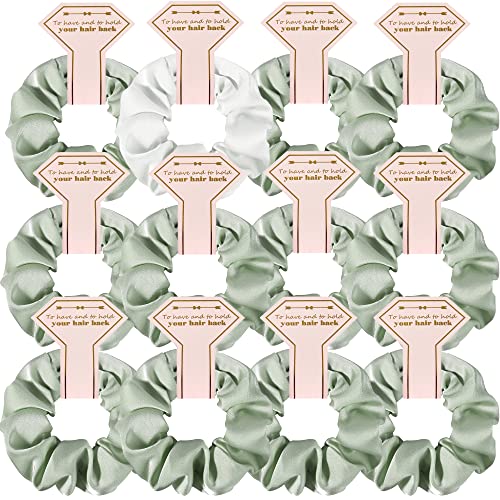 Hasoar New Smooth linen Satin Bridesmaid Scrunchies 12 pack Proposal Gifts Elastics Hair Ties Scrunchies Bachelorette Party Favors Satin Bridesmaid Gift for Bridal Wedding Parties guests (White & Sage