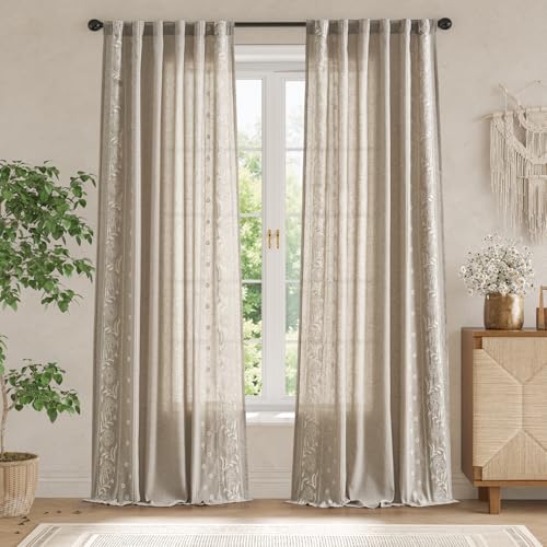 Image of jinchan Taupe Floral Linen Curtains for Living Room 96 inch Back Tab 2 Panels