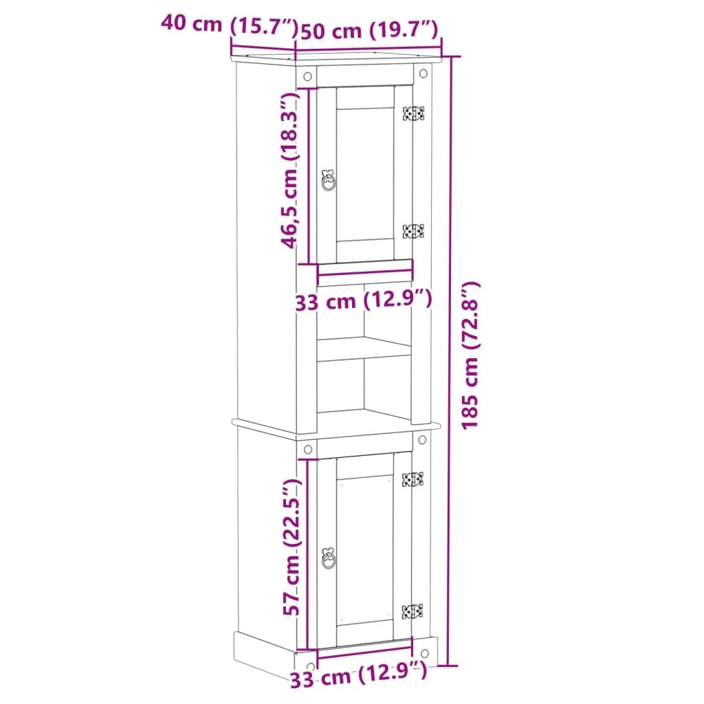 Armario de baño Corona 50 x 40 x 185 cm de madera maciza de pino con asas de metal y amplio espacio de almacenamiento para cuarto de baño