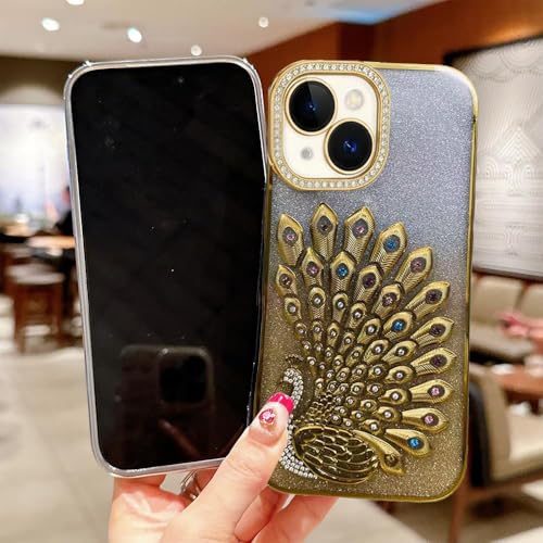 Image of mobistyle Designed for iPhone 15 Plus,3D Diamond Luxury Electroplate Glitter Peacock Tail Bling Design Camera Protection Shockproof Phone Back Cover Case for (Gold, iPhone 15 Plus)