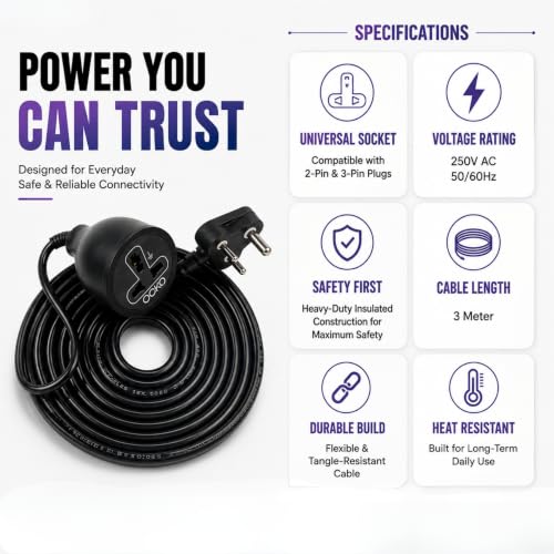 Image of Ocko 3 Meter 3 Pin Heavy Duty Extension Cord | 10A 1500W Power Cable with Male to Female Socket for Indoor & Outdoor Use, Home Appliances, Electronics, Power Tools & Daily Utility
