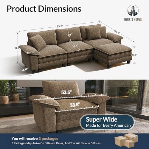 Image of HERA'S HOUSE 124 inch Oversized Modular Sectional L Shaped Sofa,Chenille Taupe | 4-Seater Living Room Couches, Wider Armrest and Deep Seat, Comfy Cloud Couch with Ottoman, Grayish Brown