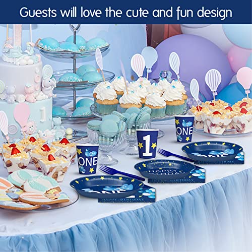 Marblewiz 96 Pcs 1St Baby Boy Blue One Table Set Serves 24 Guests | 9" Plates 7" Plates Cups Napkins Forks | Disposable Eco-Friendly Premium Thick Paper Tableware #TOP6