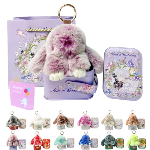 MINGRI Soft Bunny Keychain with Tin Cute Graduation Plush Gift Keychain for Backpack Bag Charm Gift Key Chain(Purple)