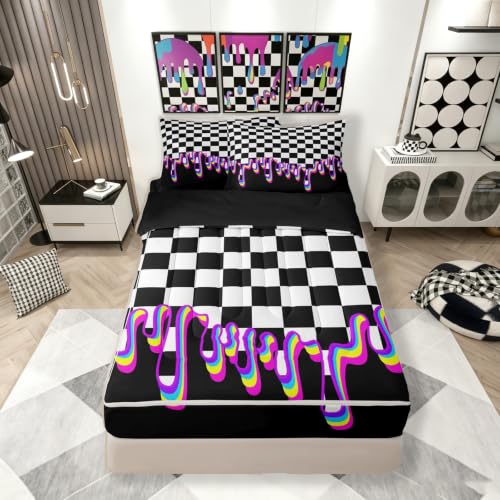 Image of Black Purple Checkered Zipper Bedding Queen Checkerboard Drip Zip Up Bedding Set,Y2K Aesthetic Modern Geometric Bed in a Bag Comforter with Fitted Sheet and 2 Pillowcases Retro 2000S Room Decor