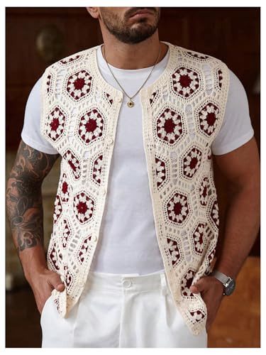 Verdusa Men's Floral Crochet Button Up Sweater Vest Boho Lightweight Sleeveless Knit Tops3