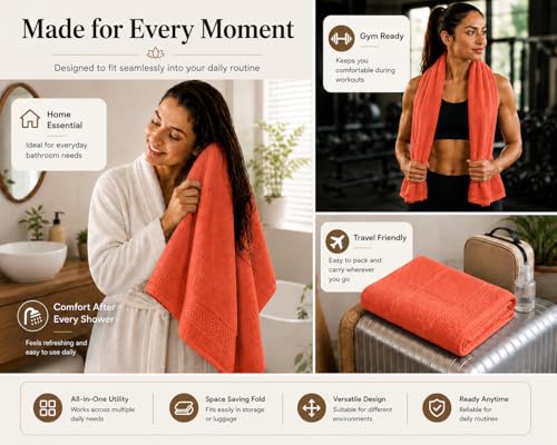 Image of 100% Pure Cotton Bath Towel for Men & Women | 380 GSM Ultra Soft, Highly Absorbent & Quick Dry Bath Towel | Large 55 x 28 Inch Matty Terry Towel for Bathroom, Gym, Travel & Daily Use | Rust