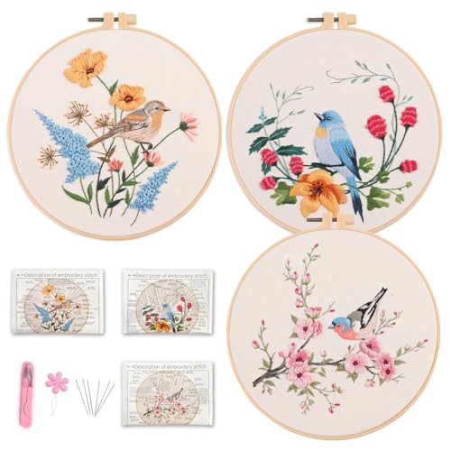 Myfelicity Bird and Flower Embroidery Kit, Set of 3 Decorative Hoops with Floral Design, Nature-Inspired Wall Decor