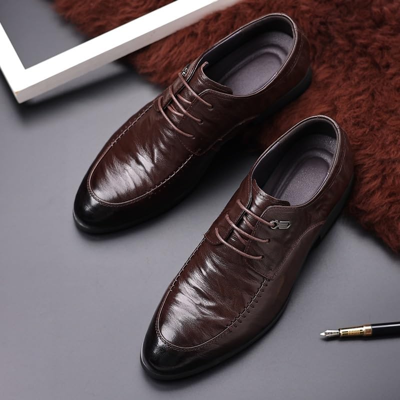 Men's Genuine Leather Oxford Shoes Retro Pointed Chunky Heel Non-Slip Business Dress Shoes Derby Shoe for Men3