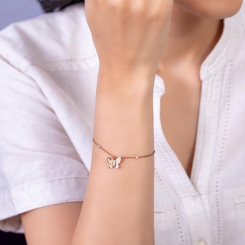 Image of CaratLane 18 Kt Rose Gold Elsa Diamond Butterfly Charm Bracelet for Women