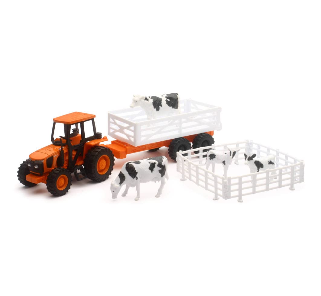 New-Ray Kubota Farm Tractor & Trailer W/Farm Animals Set