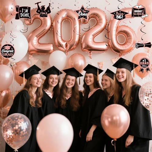 Image of JOJO FLY Rose Gold Graduation Decorations 2026, Congrats Grad Hanging Swirl Supplies, Rose Gold 2026 Balloons, Graduation Balloons, Class of 2026