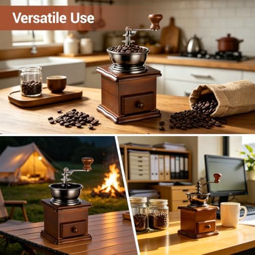 Skdqiee Wood Manual Coffee Grinder, Vintage Style Hand Adjustable Coffee Mill with Ceramic Burr, 3.7 x 3.7 x 6.7 in Iron Handheld Crank Mill Burr for Espresso Drip Home Office Travel - 5
