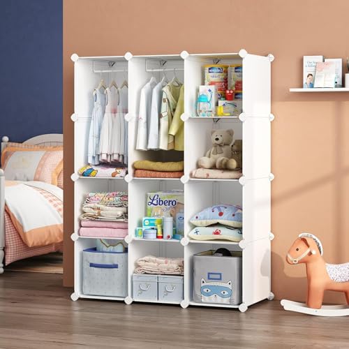 Image of EXVITO Kids Plastic Wardrobe - 12 Door Foldable Almirah for Clothes with Hanging Rod, Collapsible Wardrobe Cartoon Print Cupboard for Baby & Kids Room - White