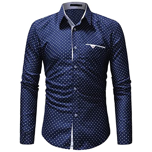 Mens Polka Dots Dress Shirts Casual Classic Printed Long Sleeve Shirt Turn-Down Collar Slim Fit Button Down Shirt (Dark Blue,Medium)