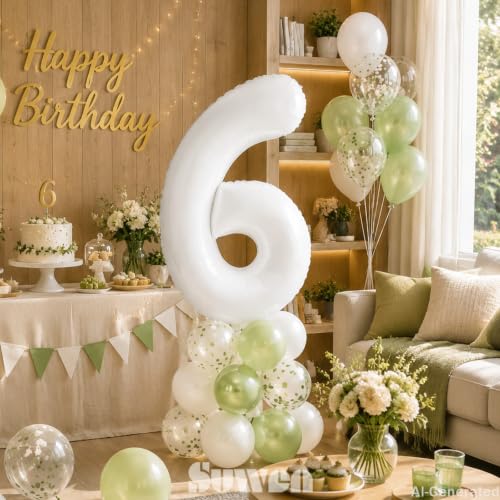 Image of SUWEN 40 Inch White Large 6 Balloon Number Big Foil Helium Numbers 0-9 | Giant Jumbo Happy 6th Birthday Party Decorations for Men or Women Huge Mylar Anniversary Party Supplies