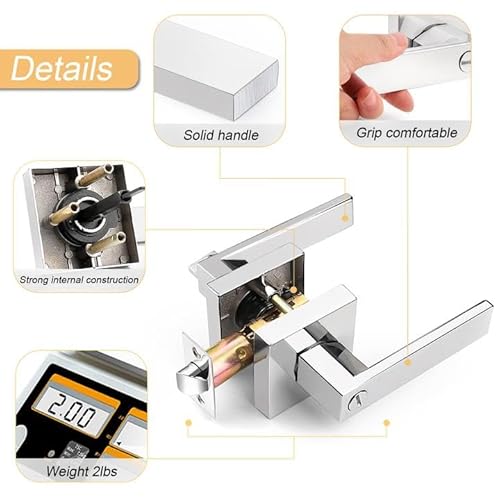 Probrico Square Privacy Door Lever, Heavy Duty Bed Bath Room Door Handle, Keyless Interior Door Knob Locksets for Left or Right Handed Doors, Polished Chrome, 1 Pack - Image 3