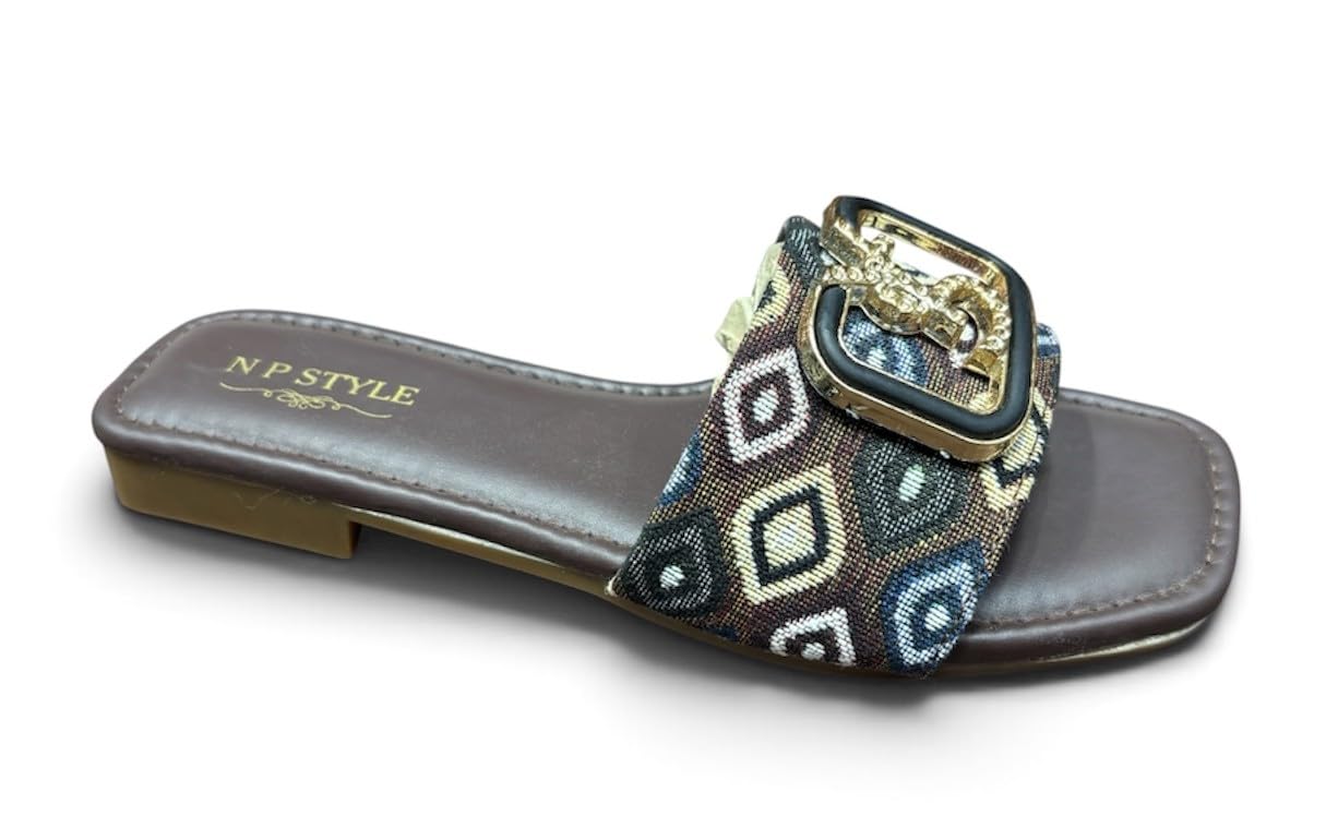 NP Style Women's Flat Slide Sandals with Geometric Print Strap-image-30