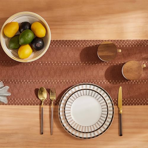 Image of ZeeMart Macrame Style Boho Table Runner, 12x60 Inch Terracotta | Woven Boho Table Runner with Handmade Tassels, Crochet Hollow Table Scarf, Farmhouse Kitchen Home Decor Dresser Runner