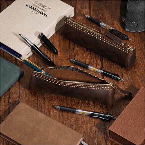 Image of ECHSRT Genuine Leather Pencil Pouch, Classic Cylinder Pen Bag - Coffee | Full-Grain Cowhide Leather, Crazy Horse Finish, Single Zipper, Vintage Pen Organizer for Adults