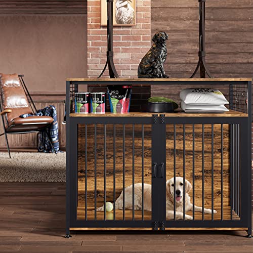 Dog Crate Furniture, Woueniut Heavy Duty Cage With Storage Shelf And 4 Hooks, Indoor Kennel Furniture Style, Double Doors House (Int Dims: 39.7”Wx21”Dx23.6”H) #TOP7