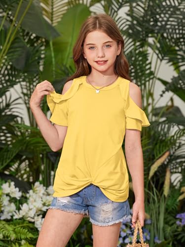 Image of BesserBay Girls Cold Shoulder Tops Twist Front Tunic Ruffle Sleeve Summer Blouses 5-14 Years