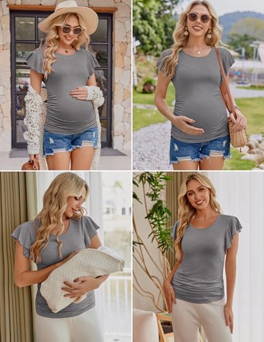 Ekouaer Womens Maternity Shirts Flying Short Sleeve 3 Packs Crew Neck Pregnancy Tee Tops Tunic Blouse Soft Mama Clothes Army Green/Grey/Black M — view 3