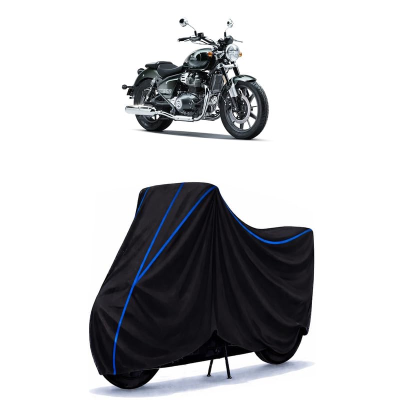 Image of Super Meteor 650 Interstellar Bike Cover Water Resistant Universal Motorcycle Rain | Heavy Duty UV Protection, Dust, Scratch Indoor Outdoor All Weather with Black Blue Piping Elastic