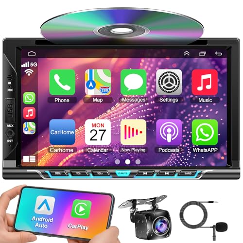 Double Din Car Radio with CD/DVD Player, 7-inch Touch Screen Car Stereo with Wireless CarPlay&Android Auto Support Bluetooth5.2, Backup Camera, Mirror Link, Subwoofer, SWC, AM/FM Car Radio Receiver