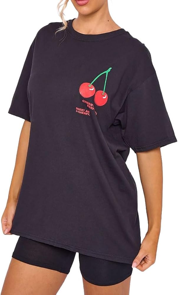 Ladies Cherry Perfection Slogan Print Oversized Shirt Womens Short Ladies Cherry Perfection Slogan Print Oversized Shirt Womens Short