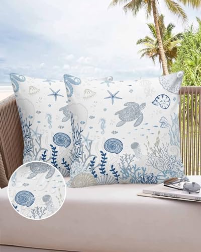Boanket Outdoor Pillow Covers 18 x 18 in, Blue Coastal Waterproof Throw Pillow Cover Set of 2, Nautical Summer Beach Sea Turtle Coral Home Decorative Square Cushion Covers for Patio/Tent/Couch/Garden