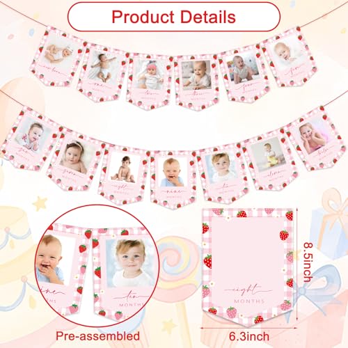 Image of JarThenaAMCS 2Pcs Strawberry Photo Banners Pink Red Plaid Daisy Strawberry Banner Newborn to 12 Months Picture Display Garland for 1st Birthday Decoration