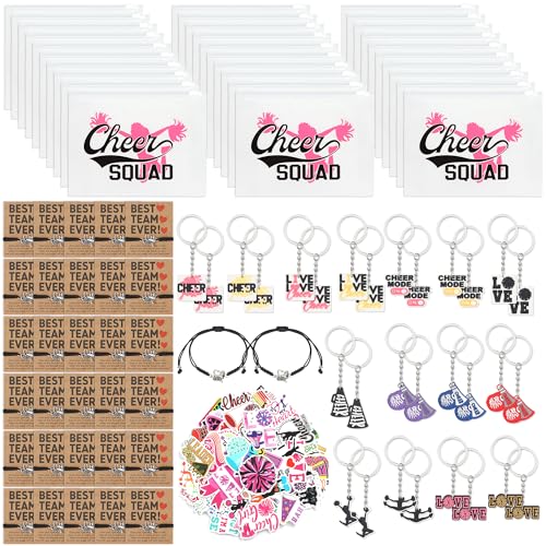JOLOMAY 30 Sets Cheer Gifts Bulk for Team Complete Cheer Goodie Bags with Keychains Stickers Bracelets & Cards Team Spirit Party Favors for cheerleader gifts