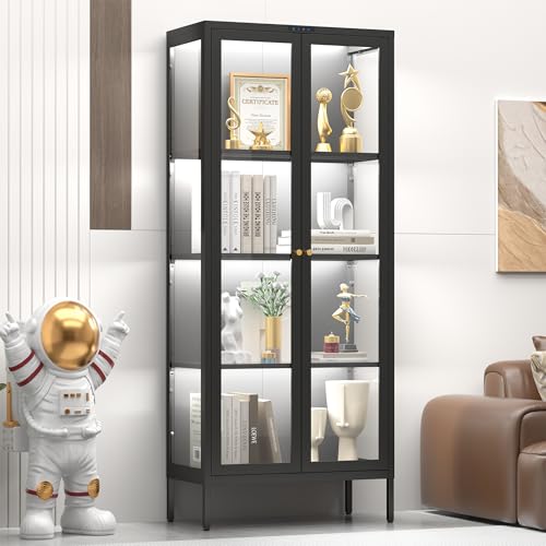 UNICOLY Display Cabinet with Glass Doors, Glass Display Cabinet with 8 Color LED Lights, Curio...