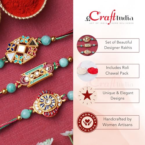 Image of eCraftIndia Set of 3 Beautiful Designer Rakhis, Best Bro Ever Fridge Magnet with Roli Chawal Pack - Rakhis for Brother, Bhabhi, Kids