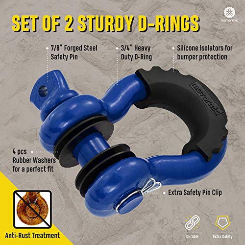 Motormic Unique D Ring Shackles 2 Pack Blue - 3/4" Clevis With 7/8" Pin Safety Max 57,000 Lbs Break Point - 2 Black Isolators, 8 Washers - Heavy Duty Use Tow Strap, Winch, Off Road, Towing #TOP2