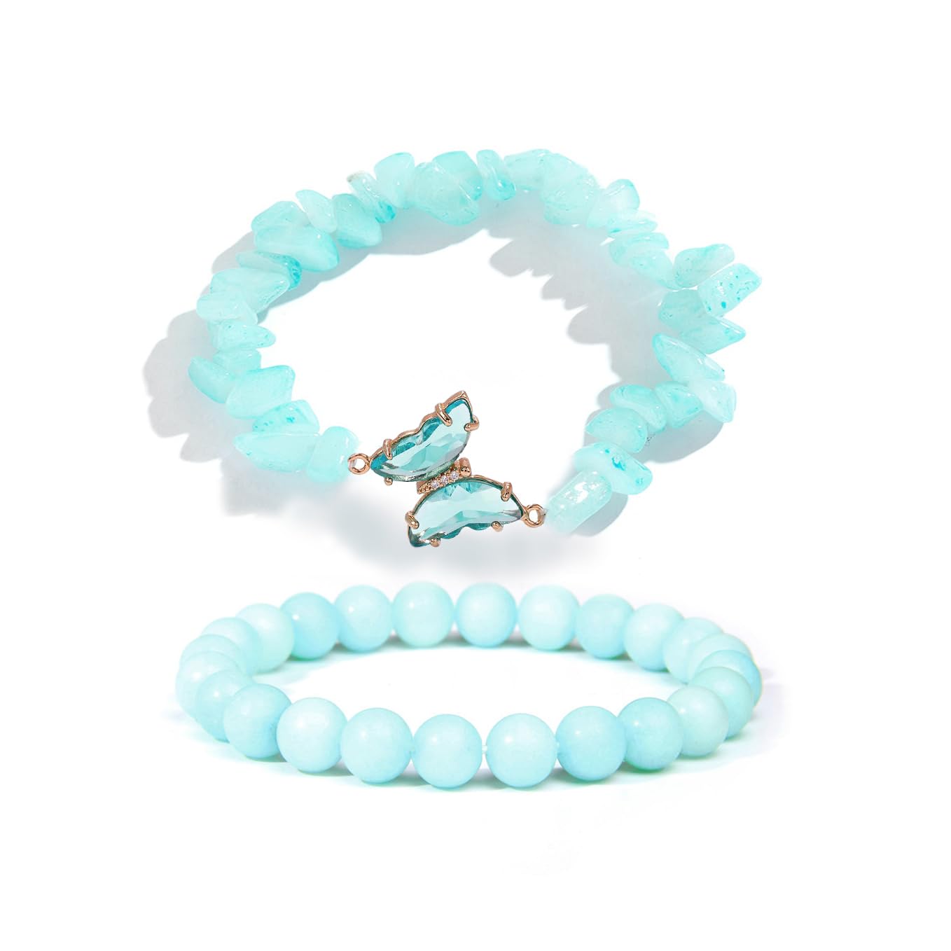 COLORFUL BLING 2Pcs Natural Irregular Chip Stones Butterfly Bracelet Set Gemstone Healing Chakra Crystal Bracelet Reiki Yoga Bead Stretch Bracelet