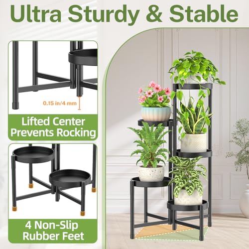 Image of iDavosic.ly Plant Stand Indoor Outdoor, 5 Tier Corner Metal Flower Display Holder Shelf, Folding Tall Orchid Rack for Patio Balcony Porch Garden Living Room House, Black