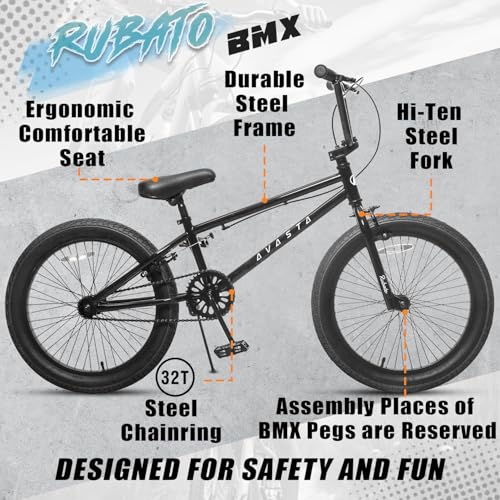 AVASTA 20 Inch Freestyle Youth BMX Bicycle Big Kids Teenager Bike for Age 6 7 8 9 10 11 12 13 14 Years Old Boys Girls Teen Adult and Beginner-Level Rider with 4 Peg, Black - Image 2