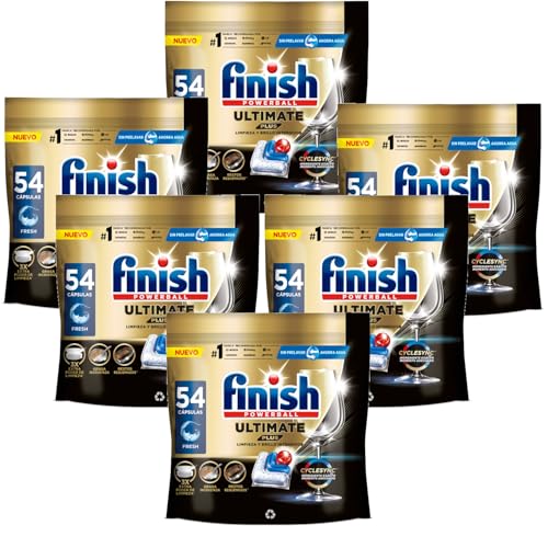 Finish Powerball Ultimate Plus All in 1 Dishwasher Tablets, 324 Dishwasher Capsules, Our Maximum Cleanliness and Diamond Shine, Regular Scent, Packaging May Vary (6 x 54 Caps)