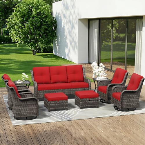 Image of 9 Piece Outdoor Wicker Patio Furniture Set, Outdoor Swivel Rocker Patio Chairs Set with Thickened Olefin Cushions, High Back and Deep Seating, Hand-Woven PE Rattan for Porch, Deck