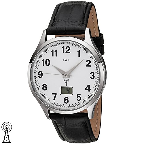 Preisvergleich Produktbild JOBO Herren Armbanduhr Funk Funkuhr Edelstahl Lederband schwarz Herrenuhr Datum