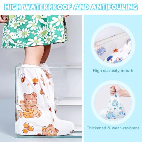 Image of PALAY Rain Shoe Covers for Kids, 3 Pairs Slip-On Shoe Covers with Elastic Collar, Knee-Length, Fashion Cartoon Wear-Resistant, for Kids 5-12 Years Old