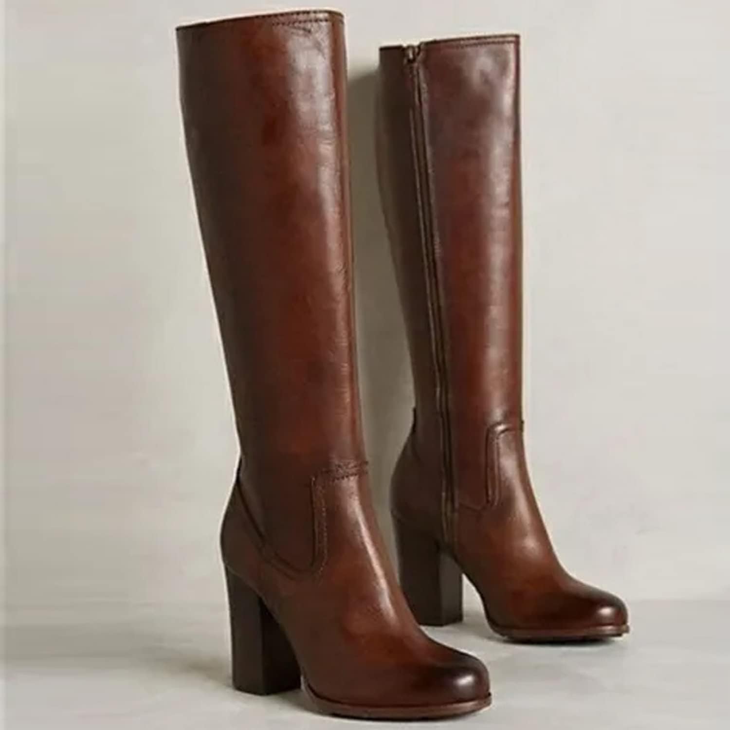 Stivali alti al ginocchio da donna Stivali lunghi con cerniera laterale in pelle PU marrone con tacco grosso Punta tonda Stivali lunghi autunno inverno Grandi scarpe/M/37EU