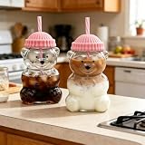Gzwallxi Cute Bear Glass Straw Cup - 20oz Bear Cups with Straws and Lids Reusable Glass Cup for Smoothies Boba Iced Coffee Cocktails (2, Pink)