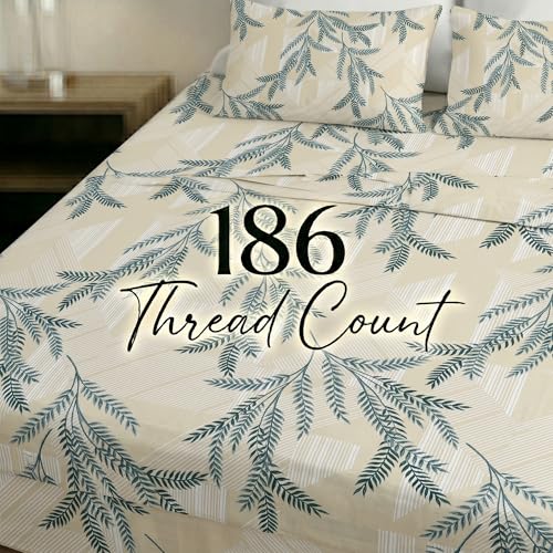 Image of Mafatlal King Size Bedsheet, Beige with Blue Leaf Print, 186 TC Metro Cotton, 108 x 108 Inch, Soft & Breathable, with 2 Pillow Covers | Cream Blue 2