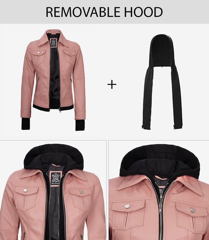 Image of Womens Leather Jacket with Detachable Hood - Real Lambskin Bomber Jacket Thumbholes Women